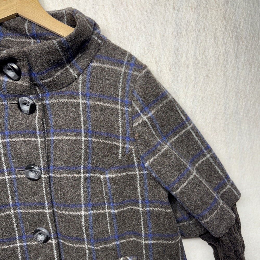 Anthropologie Idra Plaid Wool Blend Coat Cable Knit Sleeves Grey Blue Size 10 - Picture 14 of 16